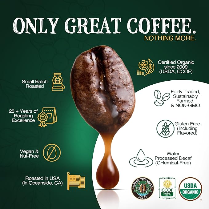 The Bean Organic Coffee Company Water Processed DECAF Egg Nog, Medium Roast, Ground Coffee, 16-Ounce Bags (Pack of 2), Café Molido Tostado Orgánico descafeinado