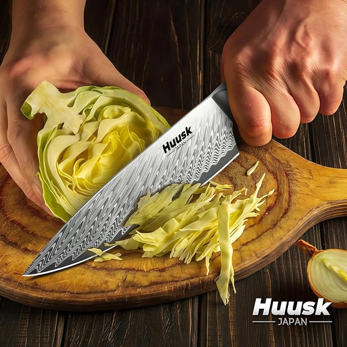 Huusk Japanese Chef Knife, 8" Stainless Kitchen Knife with Ergonomic Resin Handle & Sheath, Sharp Kitchen Knives Full Tang, Japanese High Carbon Steel Cooking Knifes, Fathers' Day Gift Idea for Dad