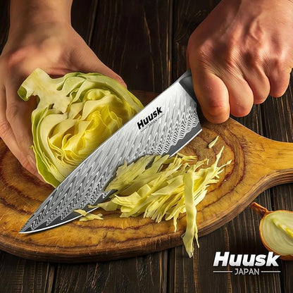 Huusk Japanese Chef Knife, 8" Stainless Kitchen Knife with Ergonomic Resin Handle & Sheath, Sharp Kitchen Knives Full Tang, Japanese High Carbon Steel Cooking Knifes, Fathers' Day Gift Idea for Dad