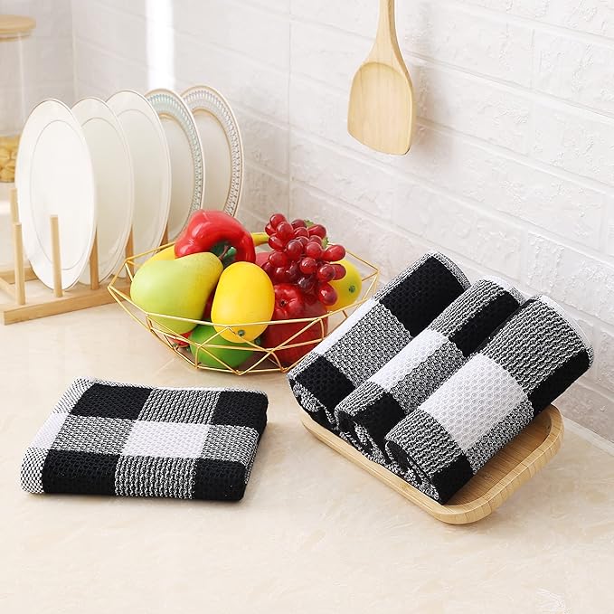 Homaxy 100% Cotton Waffle Weave Check Plaid Kitchen Towels, 13 x 28 Inches, Super Soft and Absorbent Dish Towels for Drying Dishes, 4-Pack, White & Black