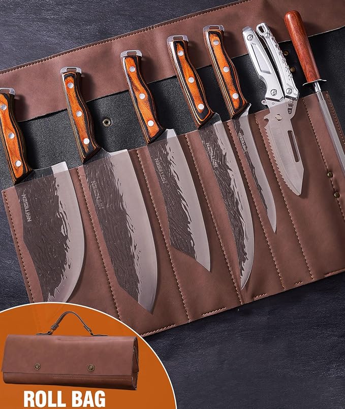 Naitesen 7PCS Hand Forged Butcher Knife and Kitchen Knife 2 in 1 Set with Roll Bag, Heavy Duty Meat Cleaver Serbian Chef Knife Breaking Knife Boning Knife for Meat Cutting BBQ Gifts for Men Women