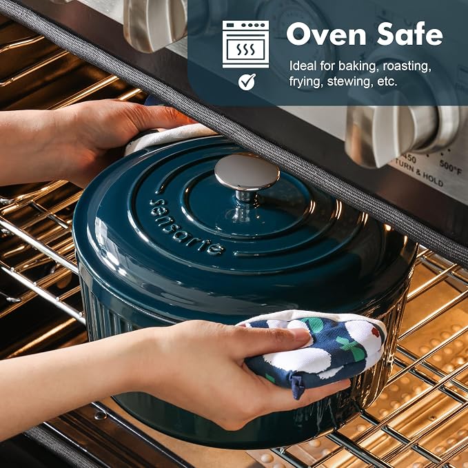 SENSARTE Enameled Cast Iron Dutch Oven Pot with Lid 3.5/5.5/6.5 Quart Heavy-Duty Round Dual Handles Kitchen Pot with Cotton Potholders & Silicone Trivet, Pot for Bread Baking, Stews, Braising, Roasting, Oven Safe, 5.5 Quart, Emerald Green