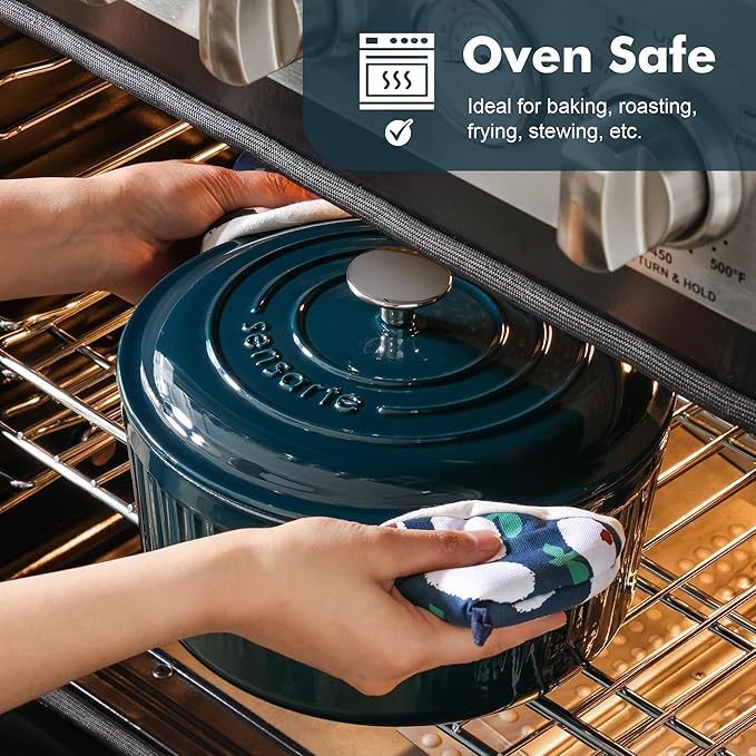 SENSARTE Enameled Cast Iron Dutch Oven Pot with Lid 3.5/5.5/6.5 Quart Heavy-Duty Round Dual Handles Kitchen Pot with Cotton Potholders & Silicone Trivet, Pot for Bread Baking, Stews, Braising, Roasting, Oven Safe, 3.5 Quart, Emerald Green
