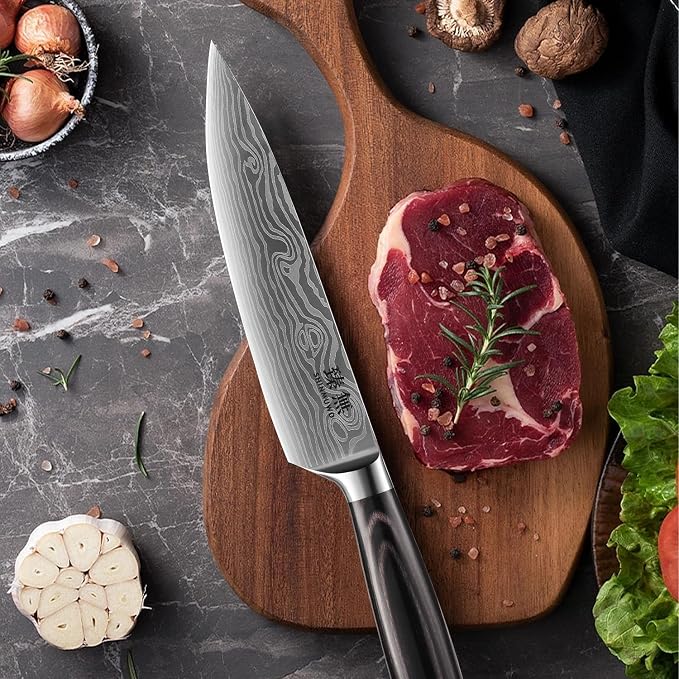 8 Inch Chef Knife, High Carbon Stainless Steel Japanese Gyuto Style Cooking Knife with Wave Pattern, Ergonomic Pakkawood Handle - Professional Kitchen Knife with Gift Box