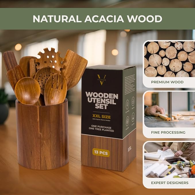 Vasilek Wooden Utensil Set XXl – 13 Piece Acacia Wood Cooking Tools with Round Holder for Nonstick Cookware with Holder & Spoon Rest – Wooden Spoons for Cooking, Spatula, Spurtle