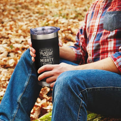 Christian Art Gifts Stainless Steel Double-Wall Vacuum Insulated Travel Mug 18 oz Matte Black Tumbler with Lid for Men Inspirational Bible Verse - Strong in the Lord - Eph. 6:10