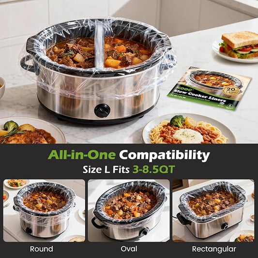 KOOC Slow Cooker Liners, 20 count 13" x 21" Large Size Cooking Bags Fits 3-8 Quart Pots, Disposable Pot Liners Suitable for Oval & Round & Retangular Pot