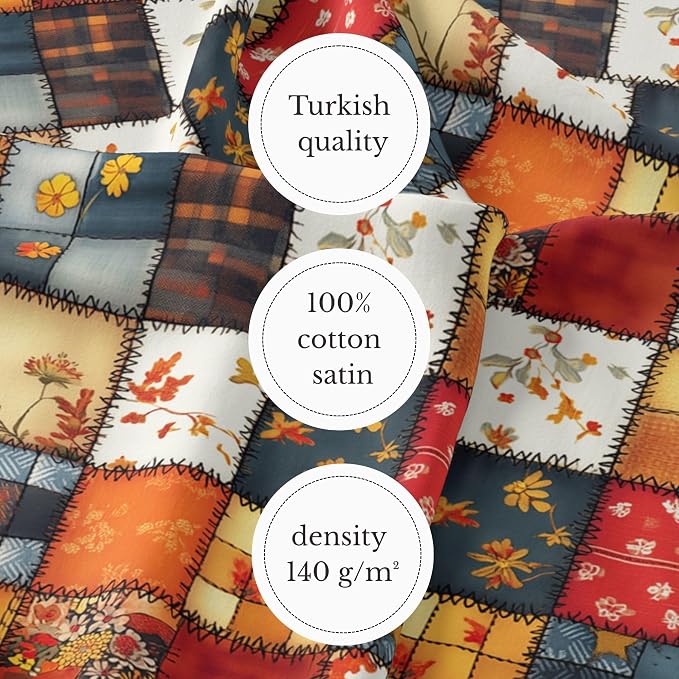 Autumn Patchwork Cotton Fabric Panel 61 x 36.6 Inches, Vintage Quilt Style Floral Printed Cotton Sewing Fabric, 140 GSM