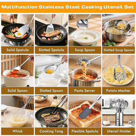 12 Pcs Stainless Steel Cooking Utensils Set, Metal Kitchen Tools Include Utensil Holder, Solid & Slotted Spatula, Spoon, Ladle, Pasta Server, Potato Maseher, Egg Whisk,Cooking Tong, Flexible Spatula
