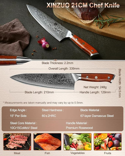 XINZUO Chef Knife 8.3 Inch, VG-10 Super Stainless Steel Gyuto Knife for Professional Chefs and Home Cooking, Ultra Sharp Kitchen Knife with Rosewood Handle - Yu Series