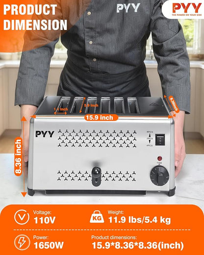 PYY Professional Commercial 6 Slice Toaster - 1800W Stainless Steel Heavy Duty Toaster, 6 Browning Levels, 1.1" Wide Slots, Removable Crumb Tray for Bagels Bread Waffles (Commercial & Home Use)
