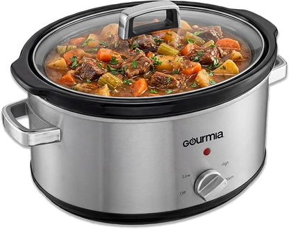 Gourmia Slow Cooker - 7 Quart Removable Ceramic Pot, Manual Controls with 3 Temperature Settings, Dishwasher Safe Crock and Glass Lid, Stainless Steel