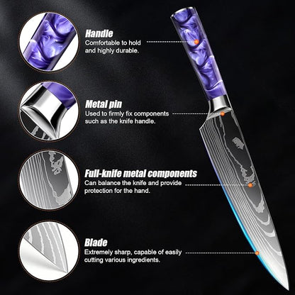 5-Piece Premium Japanese Kitchen Knife Set - Star Collection, Laser Damascus Pattern, 440A Stainless Steel Ultra Sharp for Fast Cutting (Purple 5A)