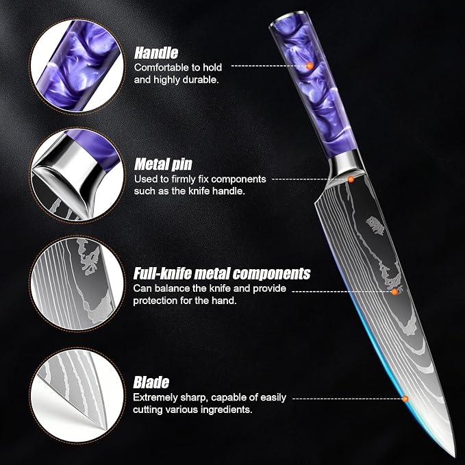 10-Piece Premium Japanese Kitchen Knife Set - Star Collection, Laser Damascus Pattern, 440A Stainless Steel Ultra Sharp for Fast Cutting (Purple)