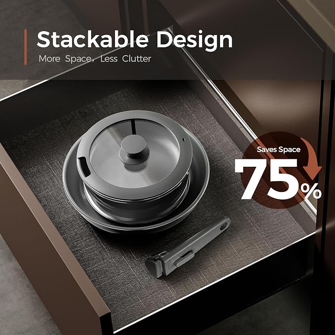 5PCS Pots and Pans Set Non Stick, Diamond-Titanium Ceramic Cookware Set & 3 Layer Stainless Steel with Detachable Handle, Induction Cookware, Non Toxic Oven/Dishwasher Safe, Gray