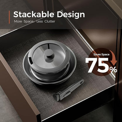 5PCS Pots and Pans Set Non Stick, Diamond-Titanium Ceramic Cookware Set & 3 Layer Stainless Steel with Detachable Handle, Induction Cookware, Non Toxic Oven/Dishwasher Safe, Gray