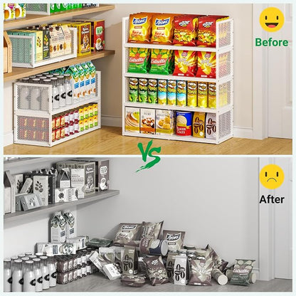 2 Pack Expandable Storage Cabinet, Stackable Pantry and Kitchen Organizers Shelf, Countertop Cabinet Storage Shelves Organizers, Spice Rack, Metal Storage Bins for Spice Can Plate Mug Cups, White