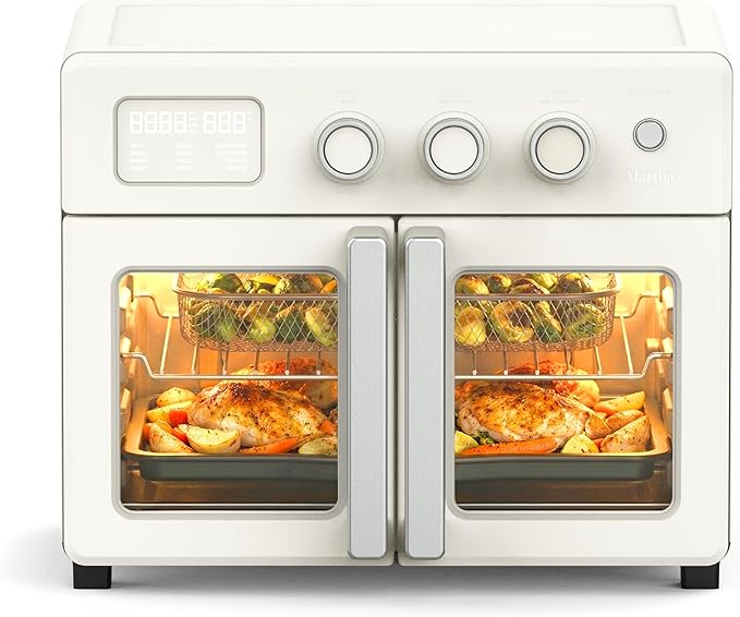 Martha Stewart French Door Air Fryer Toaster Oven Combo, 34QT Countertop Convection, 12-in-1, Bake, Broil, Roast, Fits 12” Pizza, Dehydrate, 5 Accessories, Air Fry Basket, Stainless Steel, Linen Cream