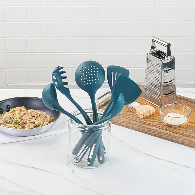 Restaurantware Silicone Utensil Set Pack of 1 Non-Slip Handle 6-Piece Kitchen Tool Set, Heat-Resistant Dishwasher-Friendly Cooking Accessories, Durable Teal Cooking Utensils