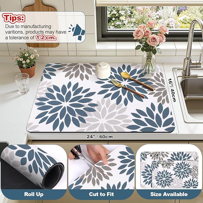 Findosom Floral Dish Drying Mat, 16" x 24" Super Absorbent & Hide Stain Coffee Mat, Cuttable Drying Mat for Kitchen Counter, Under Dish Rack, Coffee Maker, Espresso Machine, Blue