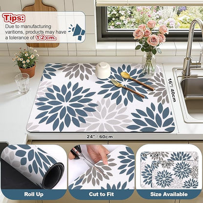 Findosom Floral Dish Drying Mat, 16" x 24" Super Absorbent & Hide Stain Coffee Mat, Cuttable Drying Mat for Kitchen Counter, Under Dish Rack, Coffee Maker, Espresso Machine, Blue