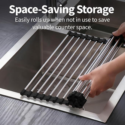 Roll Up Dish Drying Rack for Over Sink - 17.5"x15.7" Foldable Stainless Steel Kitchen Drainer, Black