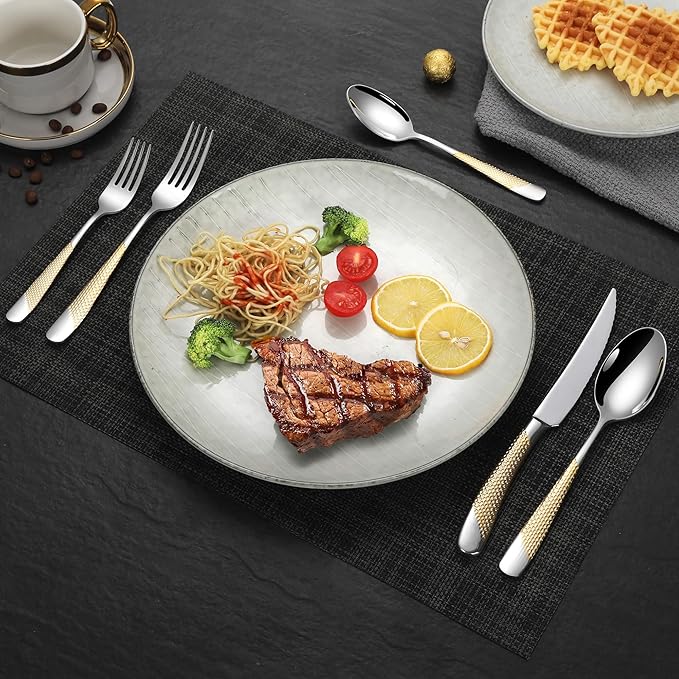 Lemeya 40-Piece Hammered Silver Gold Silverware Set for 8,18/10 Stainless Steel Flatware Set with Serrated Forged Knives,Heavy Duty Cutlery Set for Home & Party,Mirror Polished, Dishwasher Safe