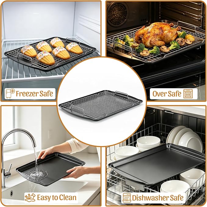 17.3" Large Baking Sheet with Rack & Glove, Carbon Steel Cookie Sheets for Baking, Nonstick Heavy Duty, Dishwasher Safe, Easy Clean, Dark Gray