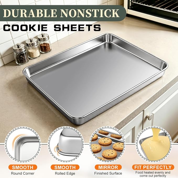Baking Sheet with Rack Set (2 Pans + 2 Racks), 16 x 12 x 1 Inch Stainless Steel Cookie Sheet Baking Pan Tray with Cooling Rack, Jelly Roll Pan with Wire Rack, Warp Resistant & Heavy Duty & Rust Proof