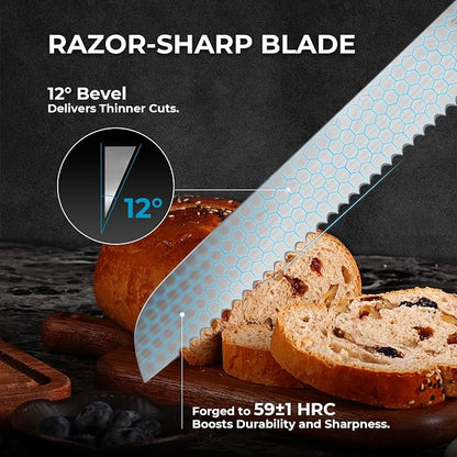 DiiHAUZZ Bread Knife, 10 Inch High Carbon Steel Blade, Pakkawood Handle | Ultra Sharp Serrated Edge, Ergonomic Handle, Roll Forged, Homemade Bread Loaf Bagel Cutter, Sourdough Slicer, Gift Box