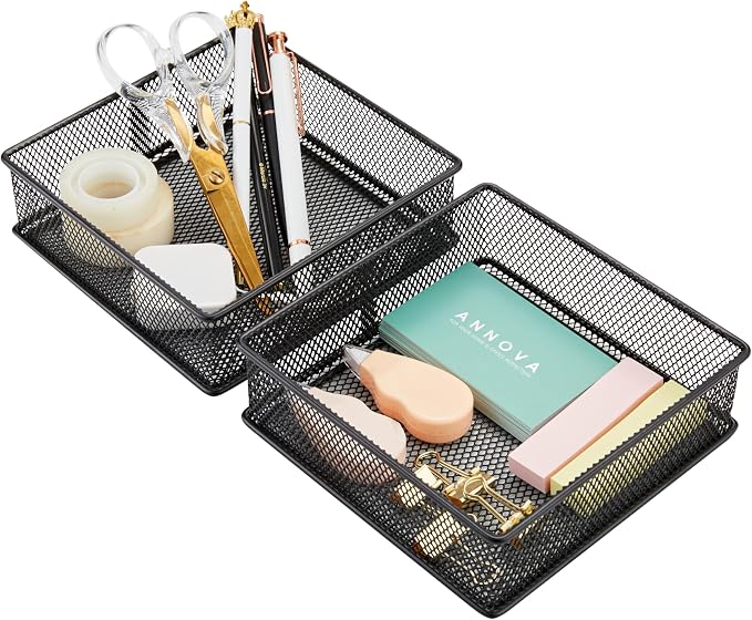 Annova Mesh Stackable Drawer Cabinet and Shelf Organizer Bins Storage Basket School Office Supply Holder Tray- Set of 2 (Black, 6x6x2 Inch)