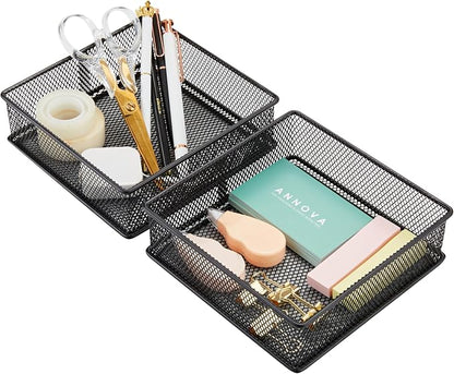 Annova Mesh Stackable Drawer Cabinet and Shelf Organizer Bins Storage Basket School Office Supply Holder Tray- Set of 2 (Black, 6x6x2 Inch)