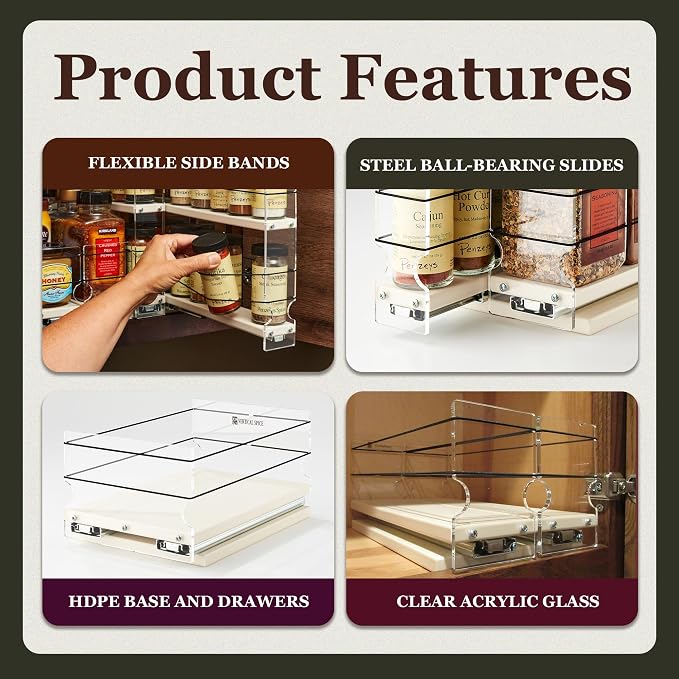 Vertical Spice - Large Pullout Sliding Spice Rack Organizer - 2 Individual 2 Tier Drawers - Premium Rolling Seasoning Holder/Caddy for Hidden Pantry Storage - Made in USA (6.9''W x 12.25" H x 10.6''D)
