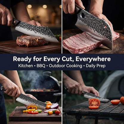 4-Piece Butcher Knife Set with 7” Cleaver, 8” Chef Knife, 8” Nakiri & 5” Utility Knife – Hand Forged Full Tang Kitchen Knives with Sharpening Stone for BBQ, Meat, Veggies & Outdoor Cooking