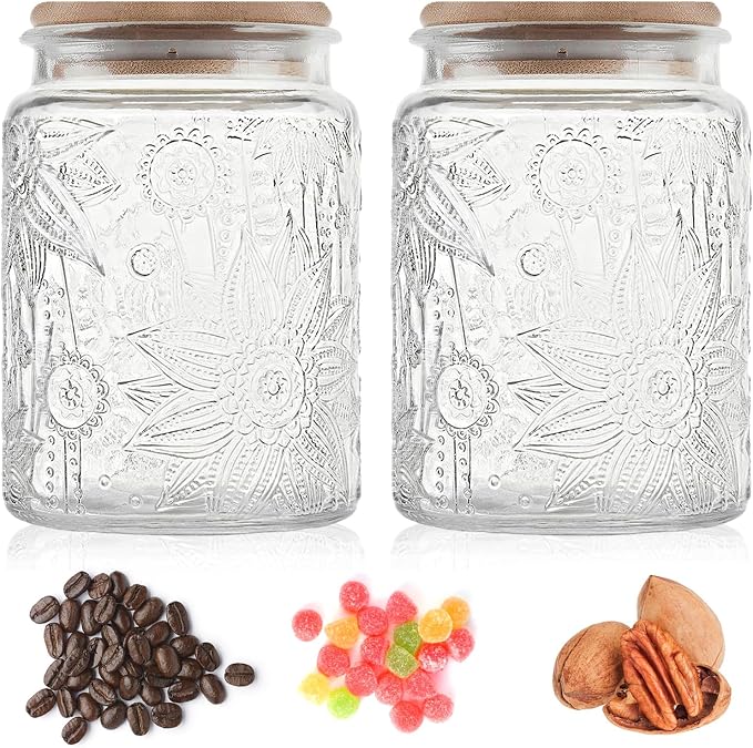 Custde 23.7 fl oz Vintage Glass Jar with Bamboo Lid - Airtight Decorative Food Storage Canisters for Kitchen Counter, Ideal for Candy, Sugar, Coffee, Tea, Cute jar(Sunflower*1)