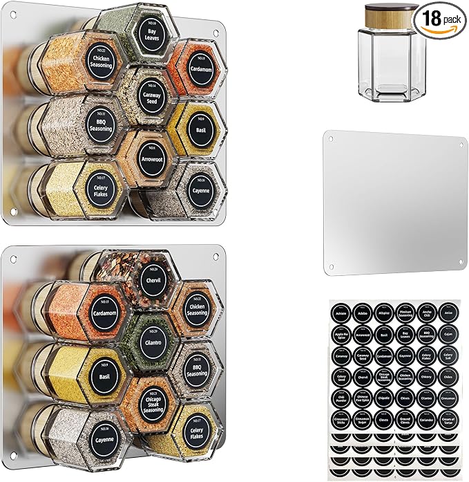 Vetacsion Set of 18 Magnetic Glass Spice Tins with 100 Preprinted Seasoning Label Stickers (Include Black Metal Wall-Plates)