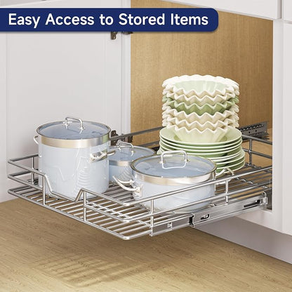 Pull Out Cabinet Organizer, 22.5" W x 21.5" D, Heavy Duty Chrome Slide Out Shelf for Wide Base Cabinets, Sliding Wire Basket Drawer for Pots, Pans, Appliances & Pantry Storage