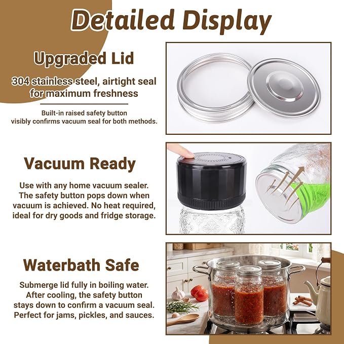 32 oz Mason Jars with Stainless Steel Split Lid, 2-Pack – Wide Mouth Quart Glass Canning Jars, Airtight Seals for Food Storage, Fermenting, Pickling, Kimchi & Sourdough Starter