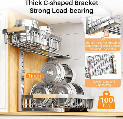 PXRACK Under Sink Organizer, Adjustable Height, 2 Tier Pull Out Cabinet Organizer, Slide Out Thickened Metal Storage for Kitchen Bathroom Laundry Pantry Cabinet, Stainless Steel, Silver, Large-1-Pack