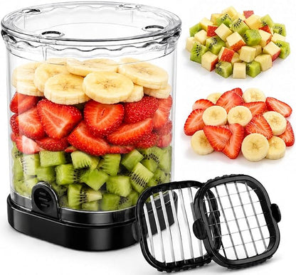 Hendiy 2-in-1 Fruit Slicer Cup, Stainless Steel Strawberry Slicer Dicer with Lid & Push Plate, Portable Kitchen Fruit Cutter for Strawberry Banana Grape Egg Vegetable Salad Gadget
