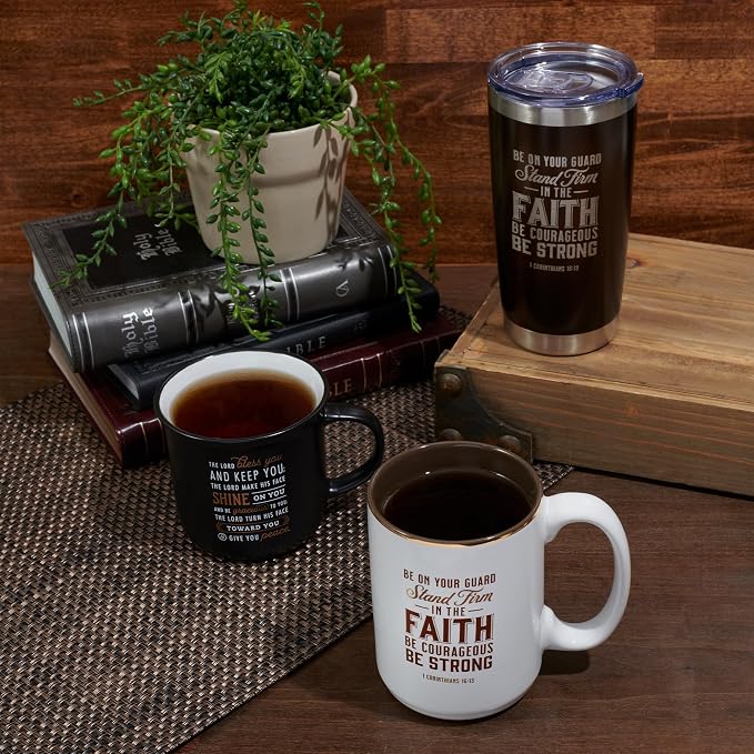 Christian Art Gifts Stainless Steel Double Wall Vacuum Insulated Tumbler 18 oz Brown Travel Mug with Retractable Lid for Women & Men Inspirational Bible Verse - Stand Firm -1 Corinthians 16:13