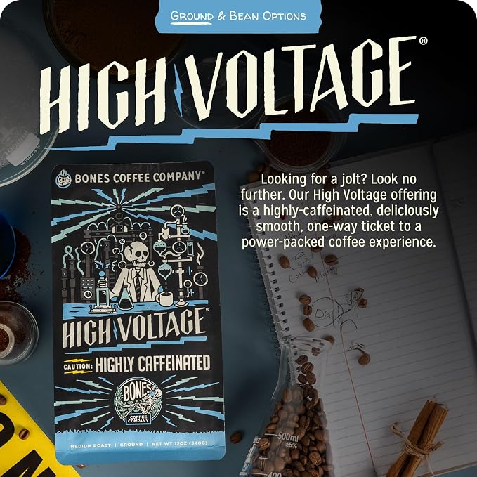 Bones Coffee Company High Voltage, Highly Caffeinated Unflavored Coffee, Medium Roast Low Acid Arabica Beans Compatible with Auto drip and French Press Coffee Maker, 12 Oz Ground