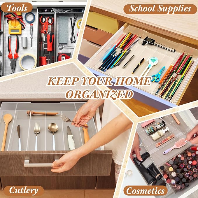 Teenyyou 1 Pack Expandable Kitchen Drawer Organizer Clear Acrylic Utensil Organizer Adjustable Acrylic Silverware Storage for Drawers Silverware Flatware Knives (12 x 16 Inches,5-7 Compartments)