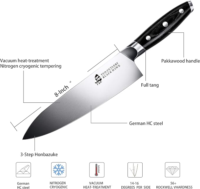 TUO Chef Knife -Professional Kitchen Chefs Knife Cooking Knife Gyuto Knives 8 Inch,Razor Sharp German HC Steel Japanese Chef Knife with Ergonomic Pakkawood Handle - BLACK HAWK SERIES in Gift Box