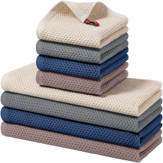 Homaxy 100% Cotton Kitchen Towels and Dishcloths Set, 12 x 12 Inches and 13 x 28 Inches, Set of 8 Bulk Kitchen Towels Set, Ultra Soft Absorbent Dish Cloths for Washing Dishes, Grey/Beige/Blue/Brown