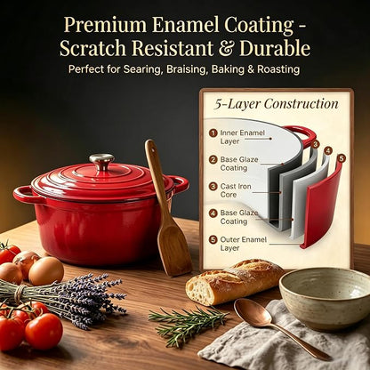 QuliMetal Enameled Cast Iron Cookware Set, 4-Piece Pots and Pans Set with Lids, 10.25" Skillet, 2QT Saucepan, 2.8QT & 4.8QT Dutch Ovens, Oven Safe to 500°F, All Stovetops Compatible - Rouge Red