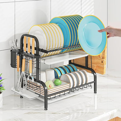 Dish Drying Rack, 2-Tier Stainless Steel Dish Rack for Kitchen Counter or Over Sink, Space Saving Organizer with Removable Drainboard,Home and Appartment Decor, Black