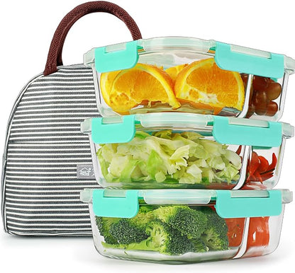 DAS TRUST 3 Pack Food Storage Containers 2 Compartments Glass Meal Prep Containers with Lids for Adult Food Prep Container with Dividers Reusable Lunch Bento Box