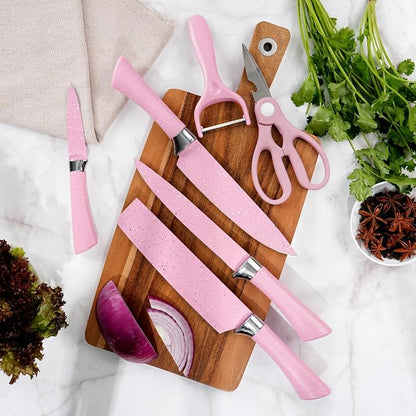 TJ POP Kitchen Knife Set with Peeler and Scissors, 6 PCS Rustproof Sharp Chef Knives Set with Food Grade Non-Stick Coated Stainless Steel Blades, Cute Pink Knife Set for Home Restaurant Camping BBQ