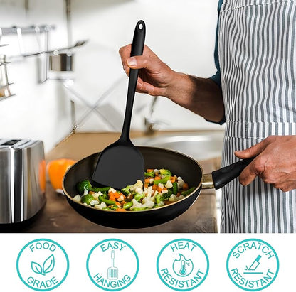 E-far Silicone Cooking Utensils Set, 25 Piece Kitchen Utensils with Holder, Non Toxic Kitchen Tools Spatula, Turner, Spoon, Ladle for Nonstick Cookware, Heat Resistant & Dishwasher Safe - Black